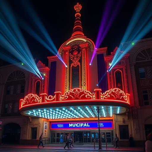 Ilumina√§√£o c√™nica em teatro municipal com refletores e luzes coloridas